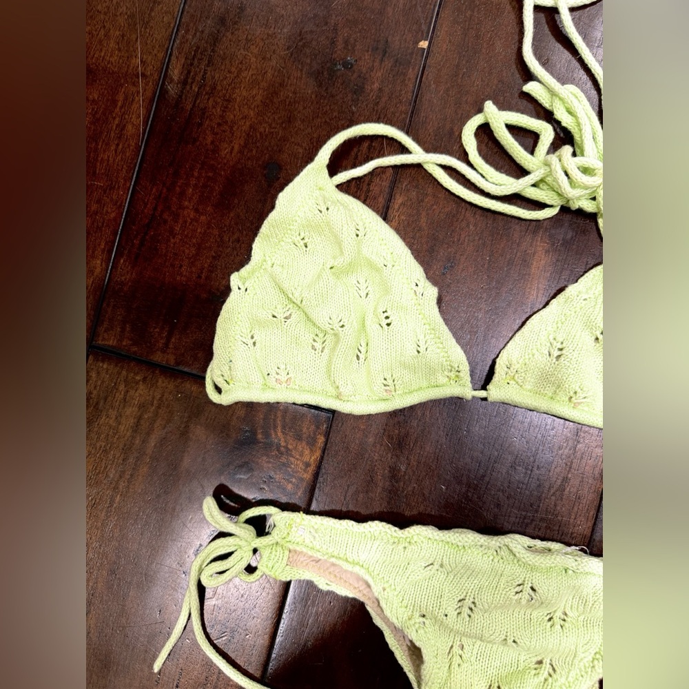 Light Green Knit Triangle Bikini Top and Tie-Side Bottoms - Picture 5 of 8